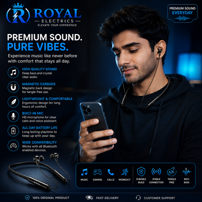 🎧 Premium Wireless Neckband Earphones – Crystal Clear Sound | THE ROYAL ELECTRONICS