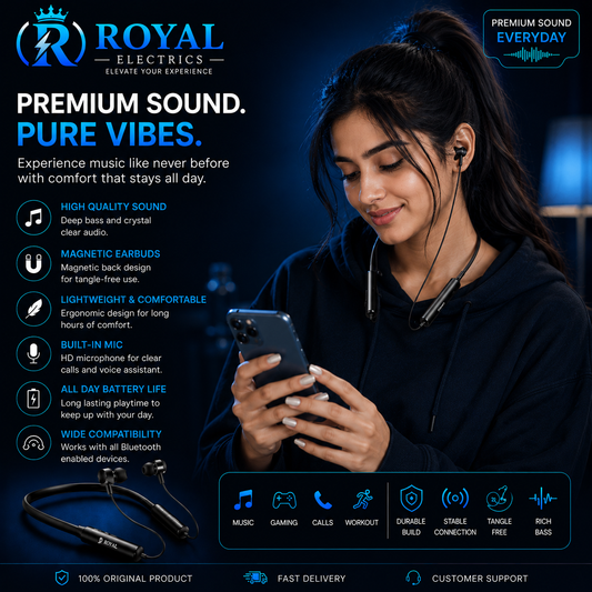 🎧 Premium Wireless Neckband Earphones – Crystal Clear Sound | THE ROYAL ELECTRONICS